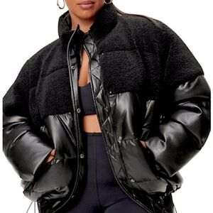 Good American Textured Black Puffer Coat